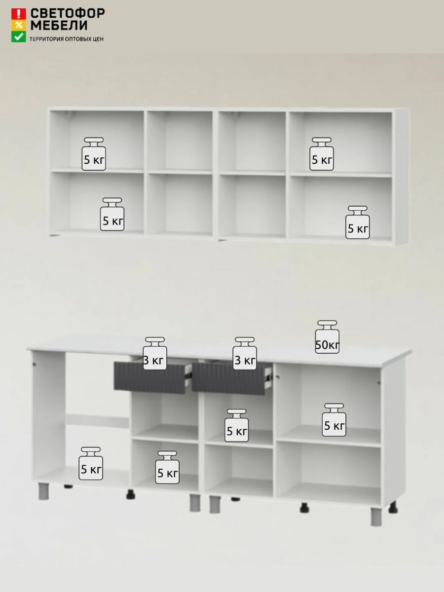 Кухонный гарнитур София, Гренто, Амилия МДФ/ЛДСП 2м белый, графит со столешницей
